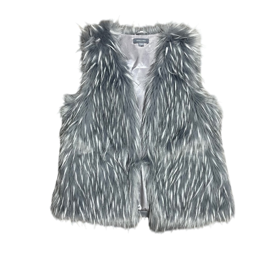 ANNA & CHRIS Womens Faux Fur Vest Grey White‎ Animal Print Size L